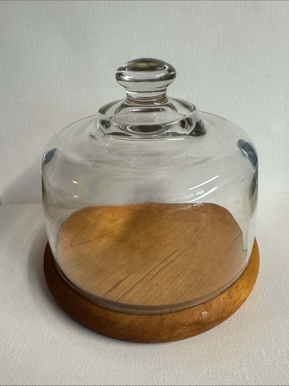 Vintage Glass Dome Cloche with Wood Base - Clear and Brown.Hand Crafted